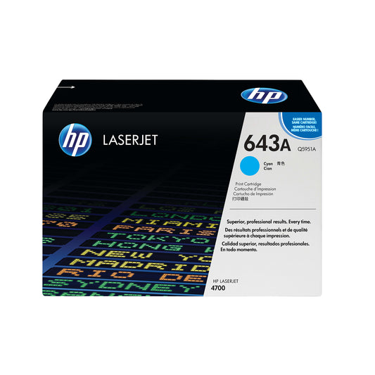 Genuine HP 643A Cyan Toner Cartridge, Q5951A (10,000 pages) Image 1