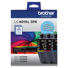 Genuine Brother LC401XL3PKS High Yield Cyan, Magenta, Yellow Ink Cartridge (500 pages)