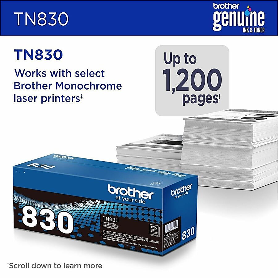 Genuine Brother TN830 Black Toner Cartridge (1,200 pages)