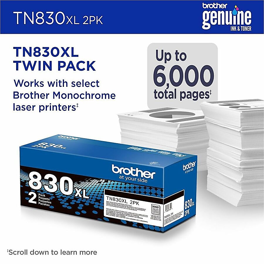 Genuine Brother TN830XL High Yield Black Toner Cartridge (3,000 pages) Twin Pack